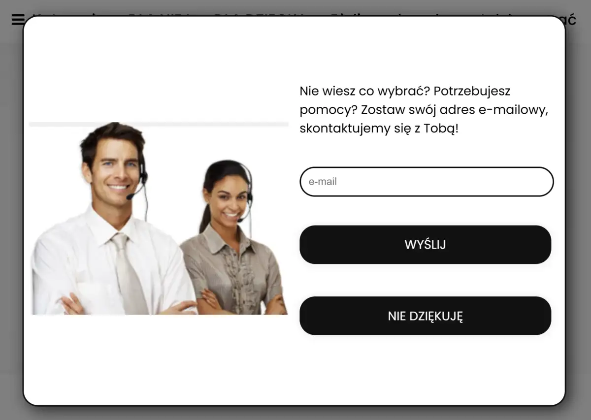 Popup pomocy z formularzem e-mail