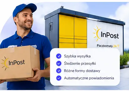 Kurier i paczkomat na tle błękitnego nieba