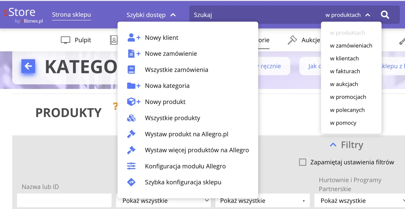 Szybkie wyszukiwanie, skróty i nawigacja w panelu